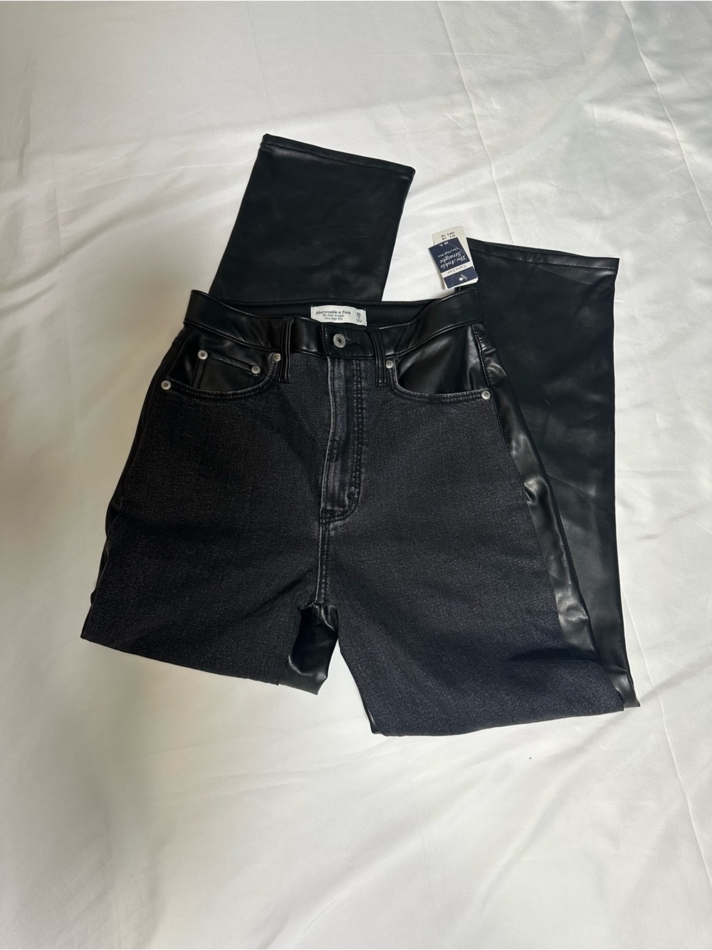 Abercrombie Ultra High Rise Ankle Straight Black Denim and Faux Leather Jeans